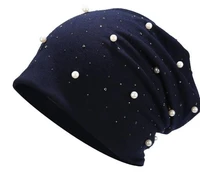 50pcslot korean style woman winter pearl rhinestone casual beanies female cotton outdoor candy color cap good