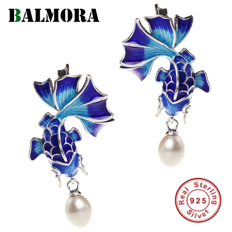 BALMORA 925 пробы серебряные серьги-гвоздики в стиле ретро с искусственным жемчугом и золотой рыбкой для женщин, эмалированные этнические модные ювелирные изделия Brincos