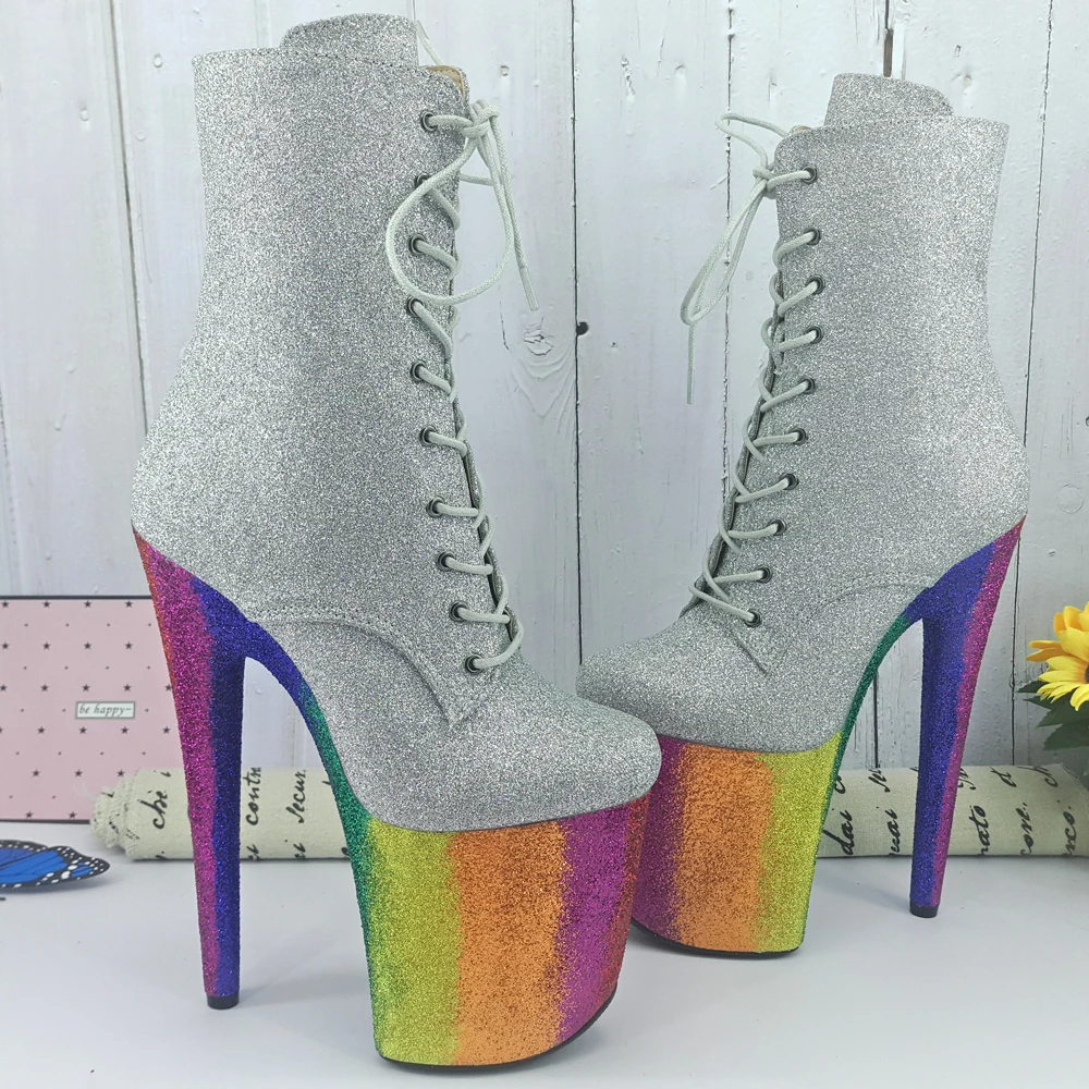 Leecabe радужные разноцветные блестящие сапоги на платформе и высоком каблуке 20 см/8