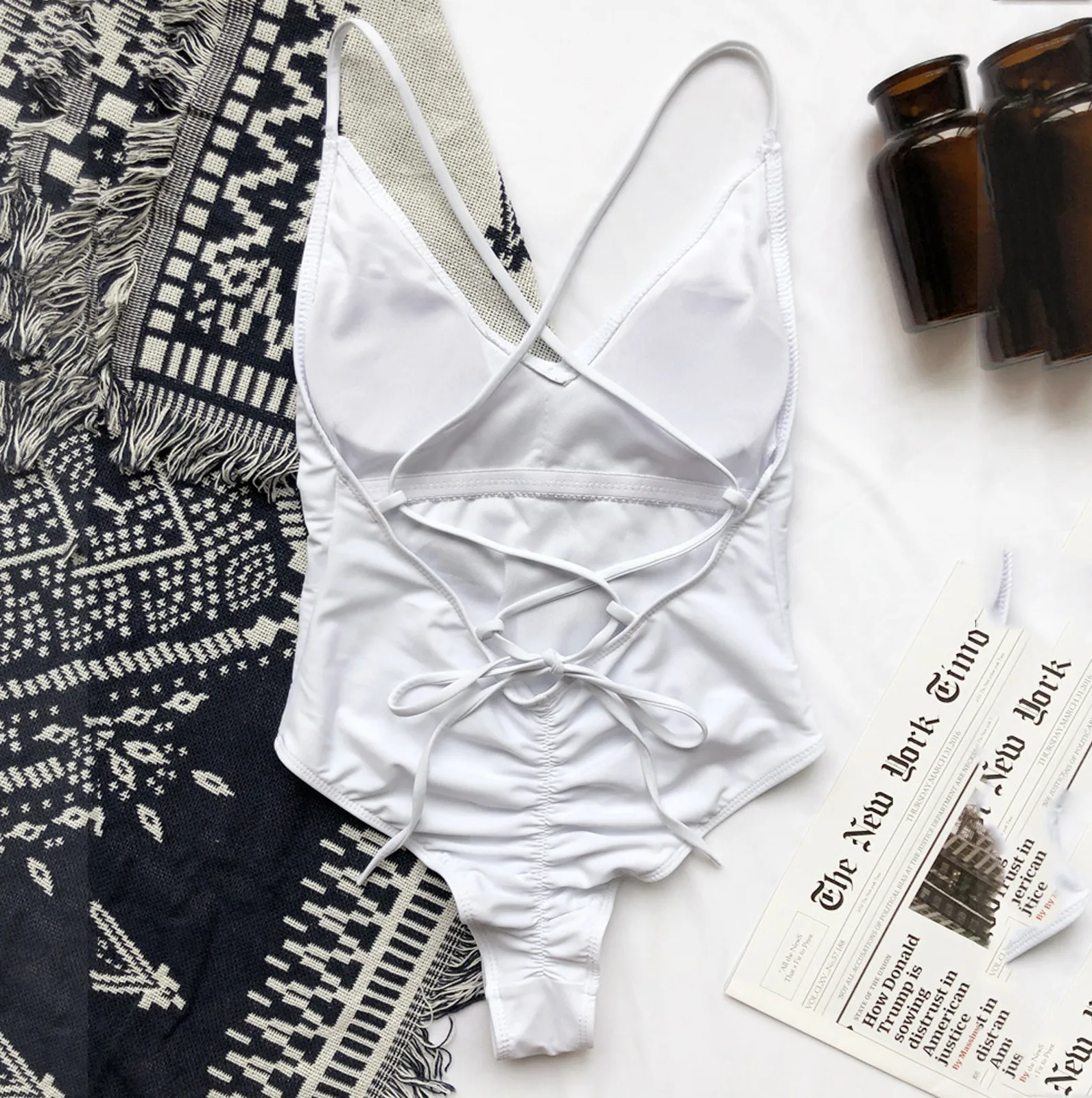 

Bikini Women Sexy Solid Push Up High Cut Lace Up Halter Bikini Set One Piece Swimwearmaillot De Bain Sexy