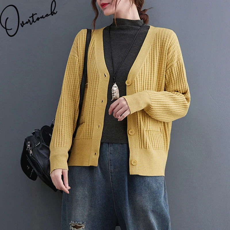 

Overtouch Autumn Winter Women Clothing Sweaters Cardigan Long Sleeve Coat Button Vintage Elegant Lady Tops Knitted Thick