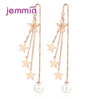 trendy rose gold color five pointed star pearl drop earrings long tassel pierced ear jemmin party jewelry