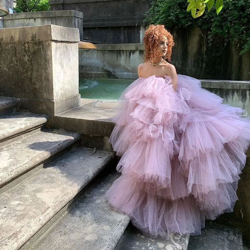 

Sweet Rose Pink Puffy Tulle Women Dresses To Photoshoots Off The Shoulder Tutu Ruffles Tiered Long Prom Gowns