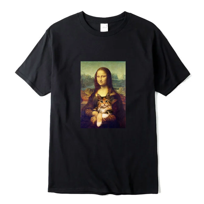 

XIN YI Men's High Quality 100% cotton casual Funny Mona Lisa print Summer t shirt casual cool loose o-neck men t-shirt male tops