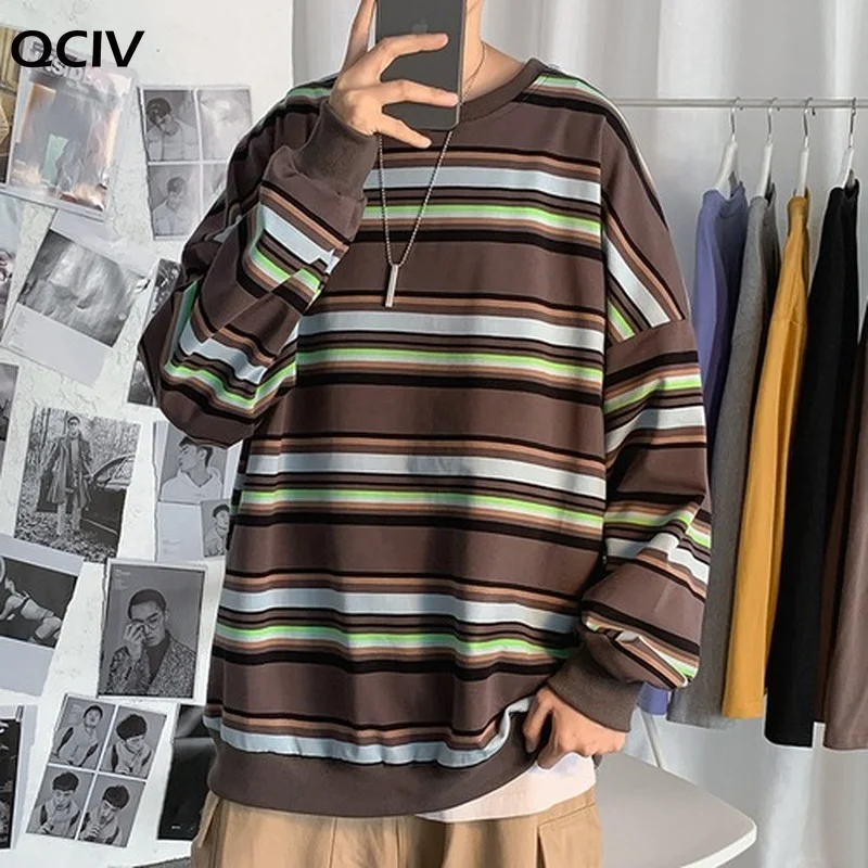 

Men No Hat Hoodies O-neck Striped Panelled Tops Teens Loose All-match BF Ins Koreasn Style Trendy Cozy Soft Sweatshirts