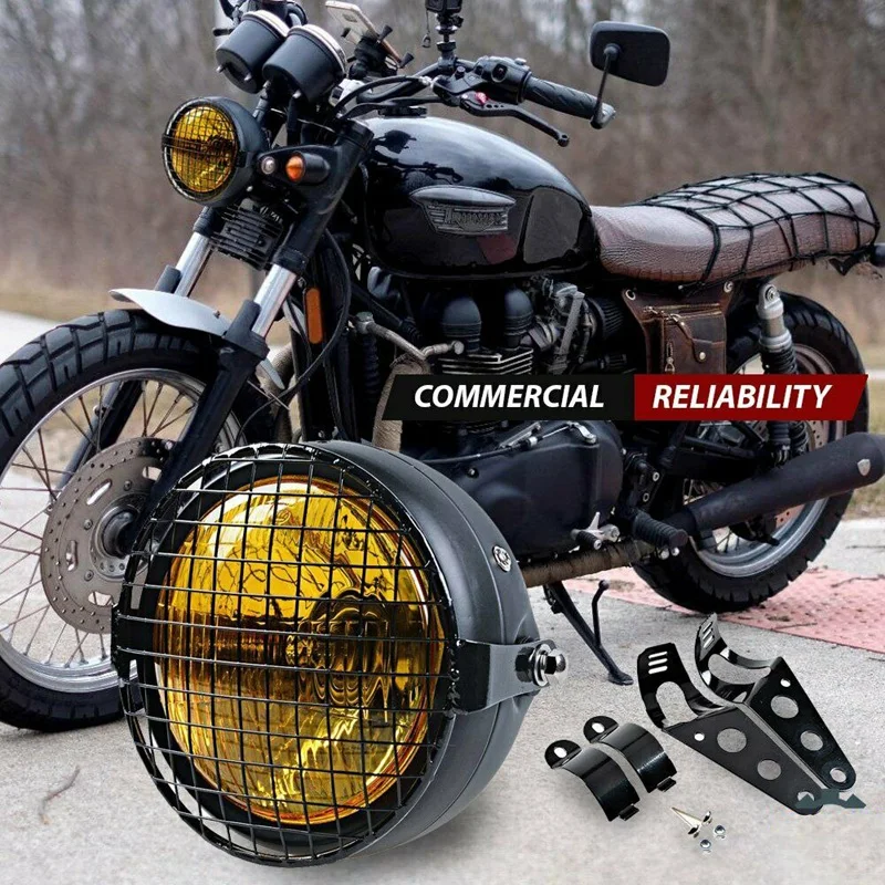 

Retro Vintage Motorcycle Universal Side Mount 35W 6.5 inch Amber Headlight Café Racer with Grille + Bracket Kit