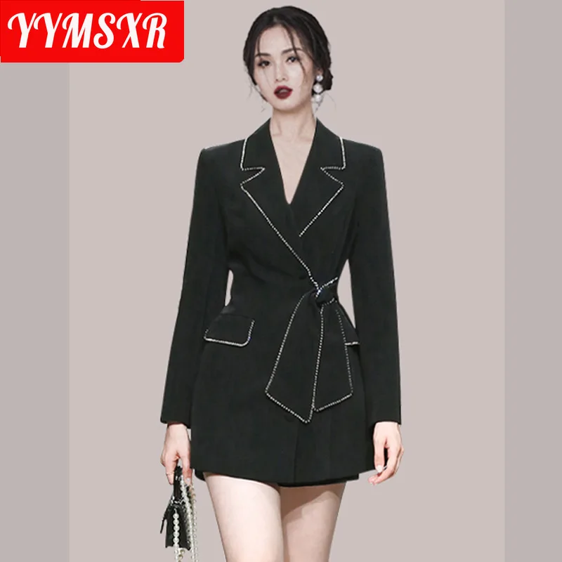 Women High Quality Suit Jacket Fall 2021 New Commuter Fashion Contrast Color Slim Mid-length Coat Pure Color Temperament Clothes