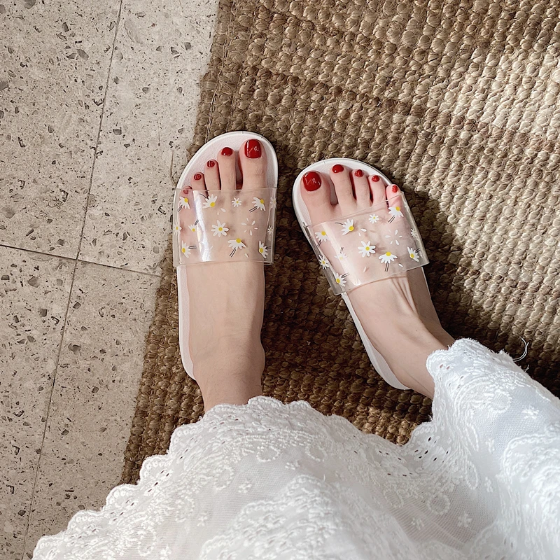 Женские тапочки на плоской подошве прозрачная пляжная обувь летние дамские