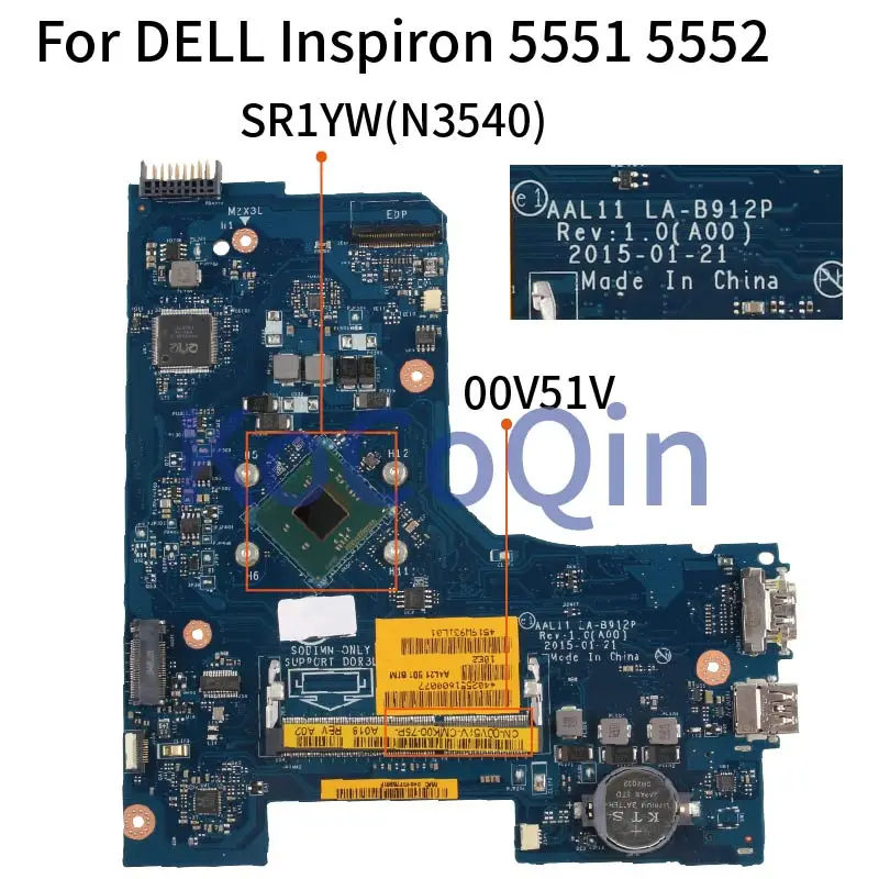 KoCoQin материнская плата для ноутбука DELL Inspiron 5551 5552 CN-00V51V LA-B912P SR1YW N3540 DDR3