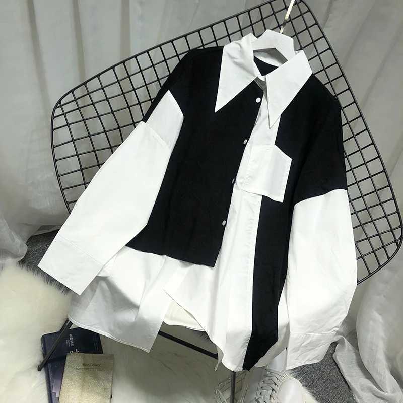 Женская белая блузка в полоску рубашка стиле пэчворк оверсайз с асимметричным