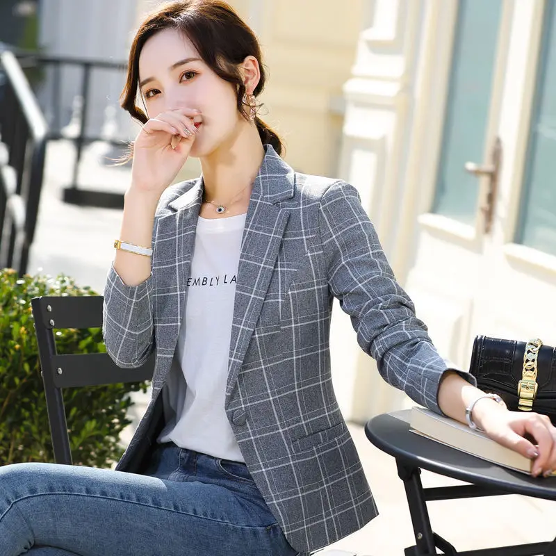 

New Fashion Business Plaid Short Suits Women Work Office Ladies Spring And Autumn Blazer