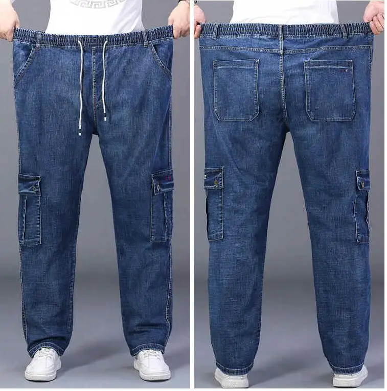 Men Jeans Loose Elastic Men Straight Tube Denim Pants Elastic Waist Crotch Maximum Suitable Weight 330lb