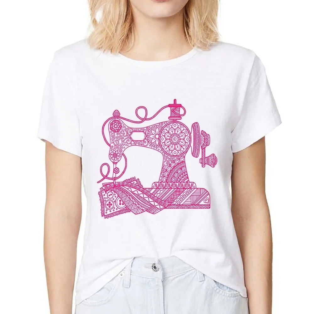 

vintage Sewing Machine Zentangle design t shirt women summer new white casual femme cute tshirt @903472