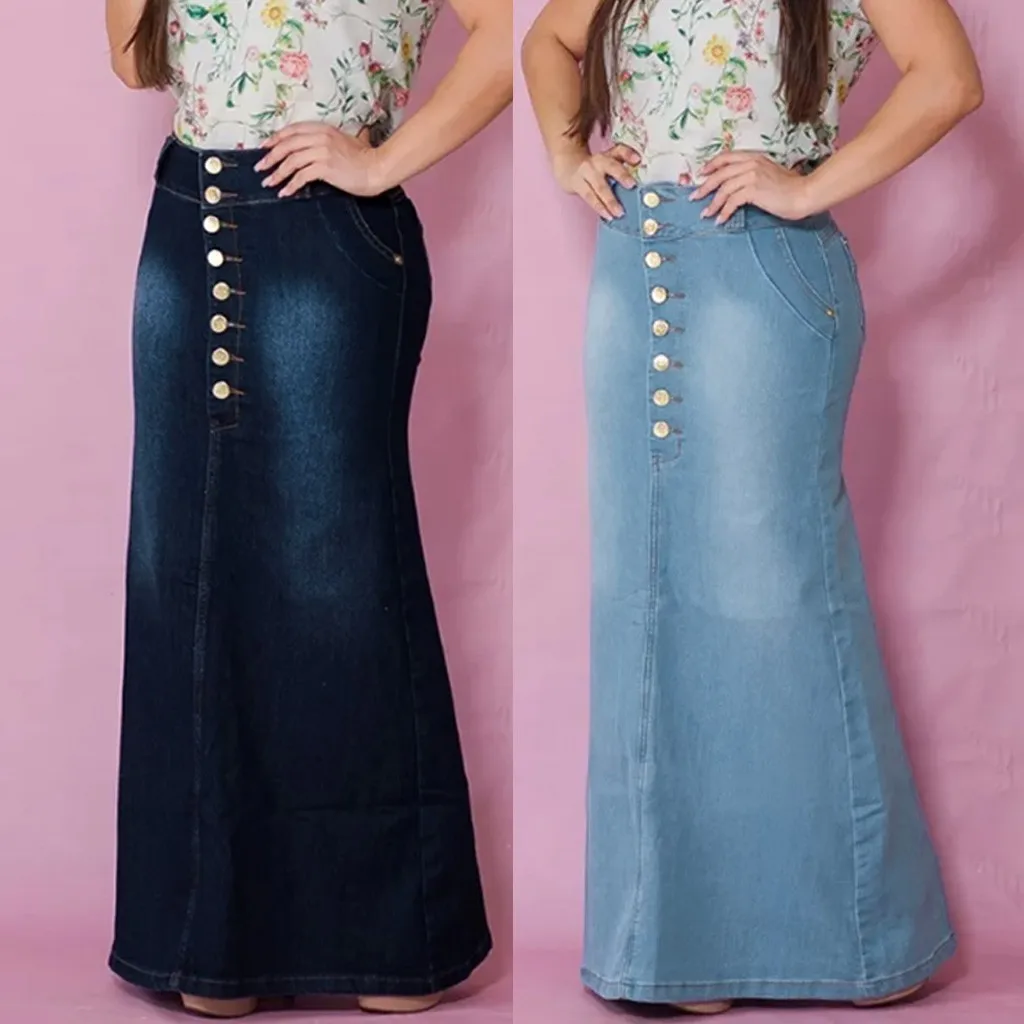 

Women's denim skirt plus size casual front button washable denim skirt A-line long pocket denim skirt Q6