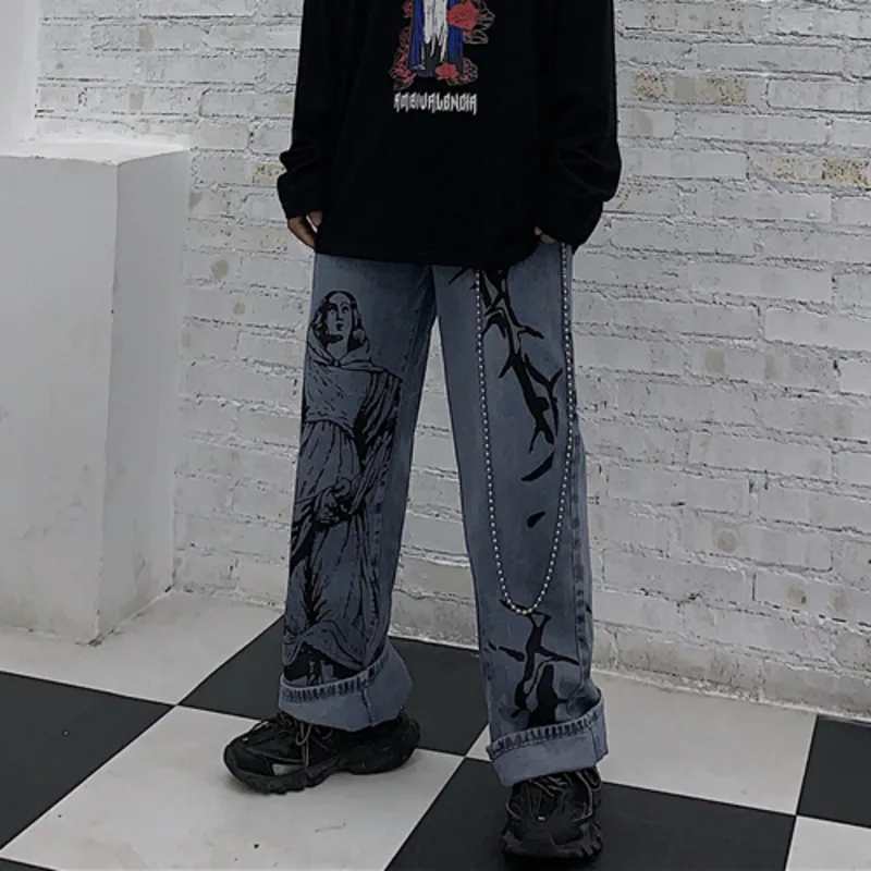 

2021 New Summer Fashion Ins Street Hip-hop Printing Wash Jeans Loose Casual Denim Wide Leg Pants Tide Woman ZA4395