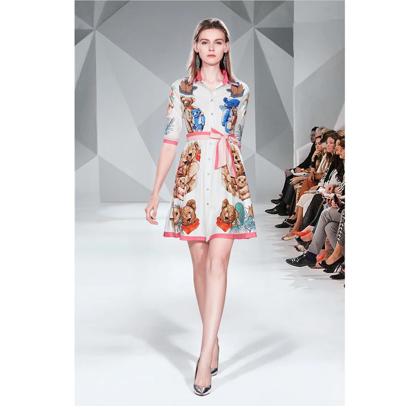 Новое летнее женское Повседневное платье на пуговицах с принтом медведя мини