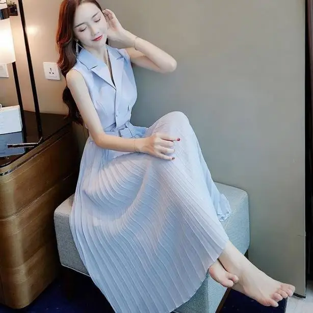 Женское шифоновое платье без рукавов плиссированное небесно-голубого цвета с