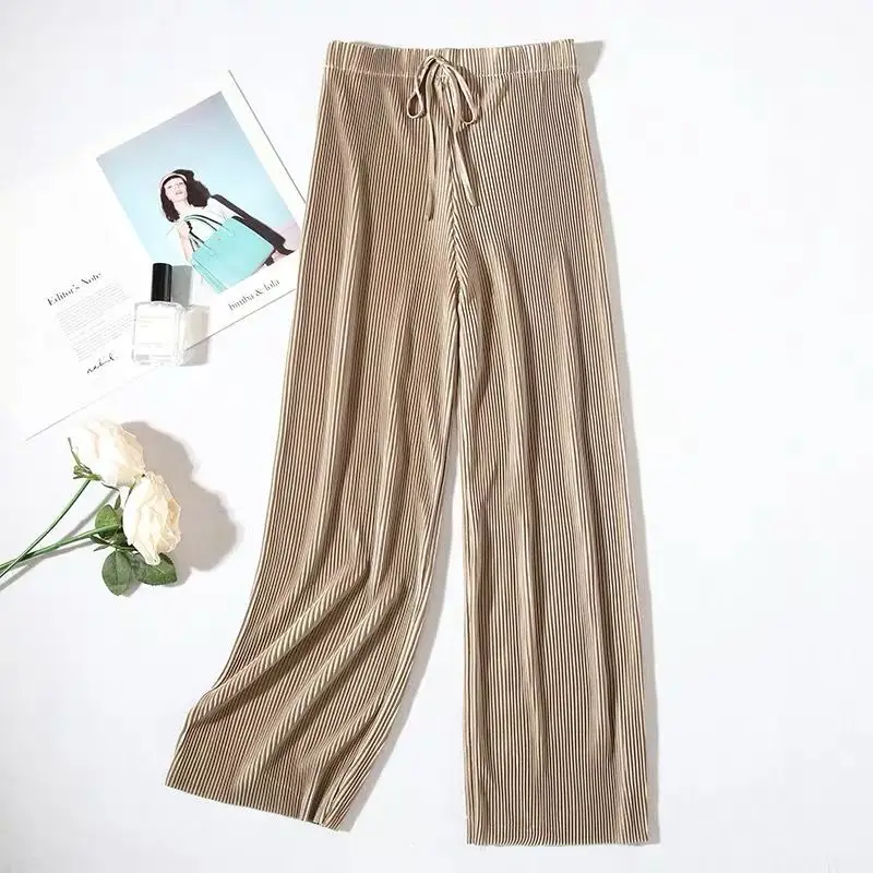 

2021 Spring Summer Women Wide Leg Pants High Waist Loose Casual Long Stacked Silk Pants Women's Ice Silk Soft Comfort Trousers