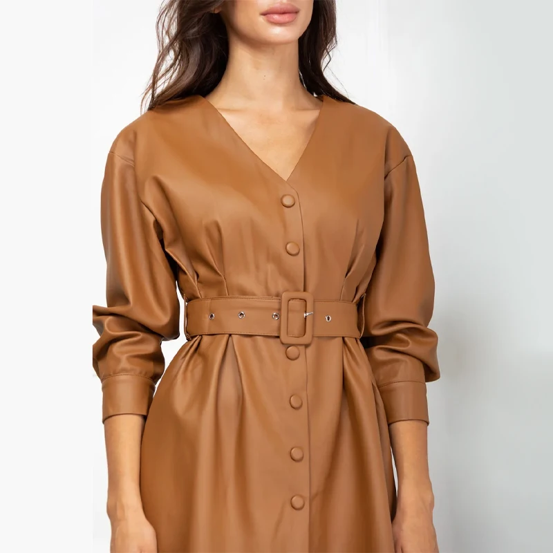 

Women PU Mini Dress New Sexy V-neck Long Sleeve Single Buttons Belt Slim A-line Party Dress Lady Casual Solid Streetwear Autumn