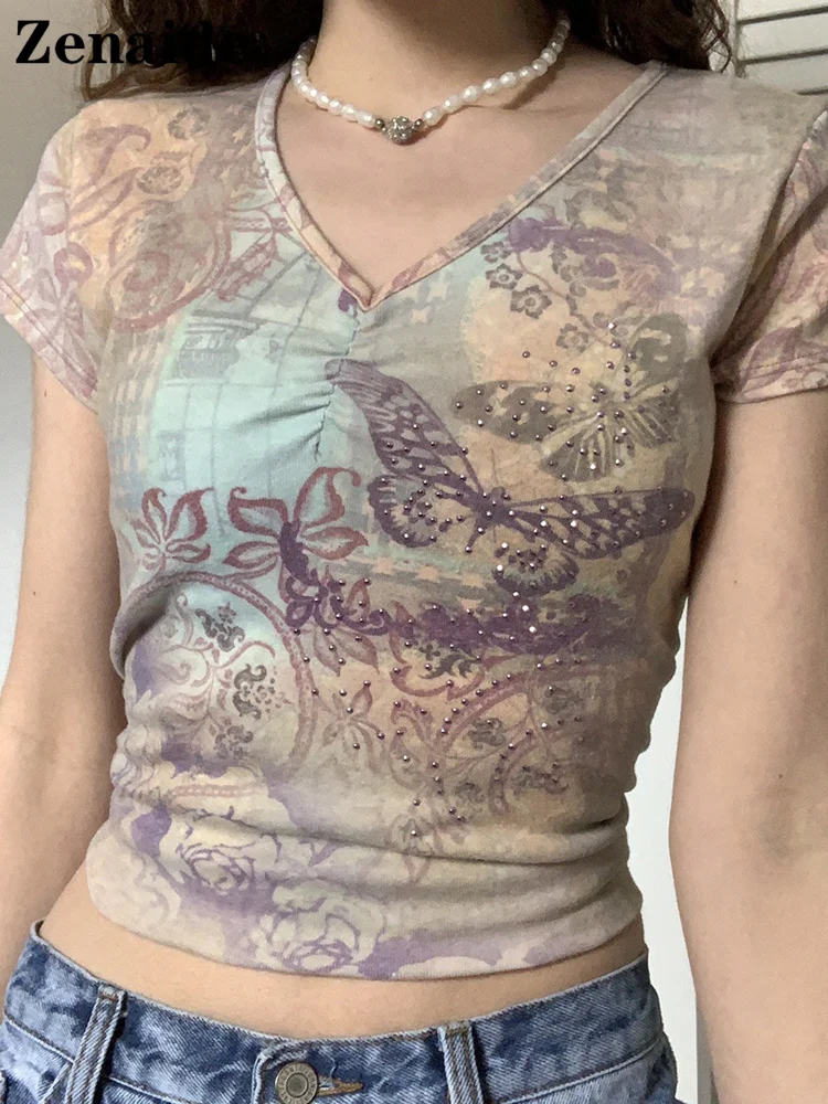 

Женская Винтажная Футболка Zenaide, летний укороченный топ с рисунком бабочки и бриллиантов, Y2K, в стиле гранж, с V-образным вырезом, в стиле Хара...