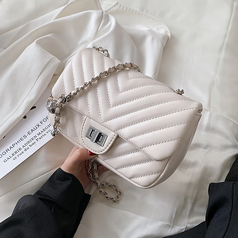 

Classic V-Line PU Leather Crossbody Bags For Women 2021 Simple Ladies Brand Trend Travel Chain Shoulder Handbags Designer