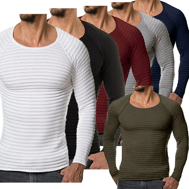 

Мужские свитеры, новый вязаный свитер, мужские полосатые свитеры с длинным рукавом, однотонный приталенный Мужской пуловер