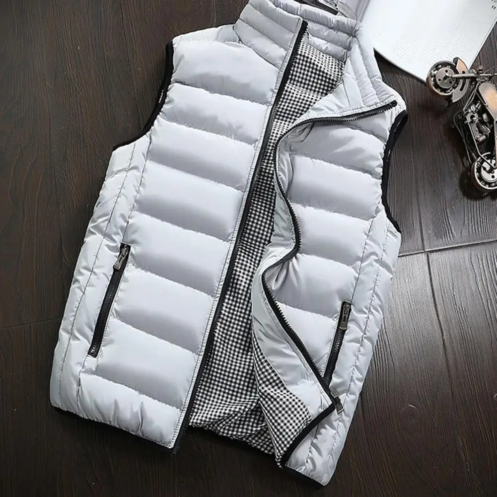 

Casual Vest Men Winter Plaid Stand Collar Cotton Vest Plus Size Zipper Pockets Warm Waistcoat Male Vest Fashion