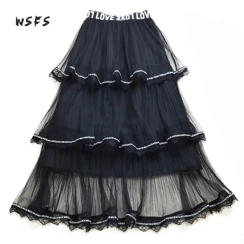 

Summer Ball Gown Skirt Mesh Black White Ruffles High Elastic Waisted Letter Long Skirts Women Bodycon Midi Skirt Faldas Mujer