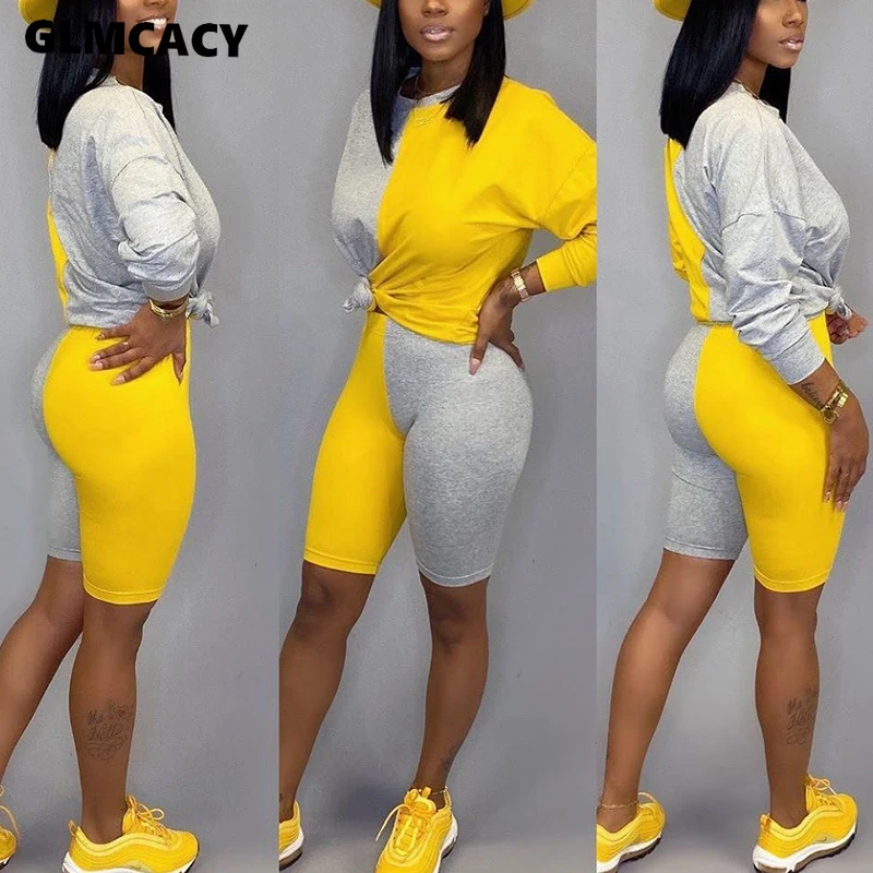 

Women Two-piece Color Block Clothing.Long Sleeve Crew Neck T-shirt and Tight-fitting Shorts Casual Tracksuit Outfit