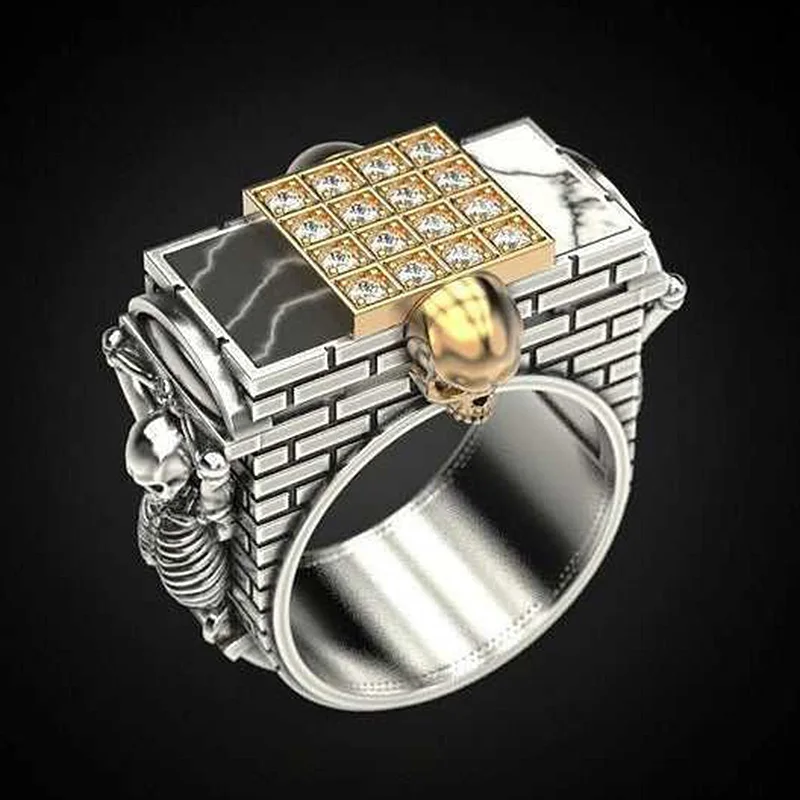 Gothic gold silver color skull ring men square cubic zircon two-tone skeleton wall biker rings for women punk rock jewelry | Украшения и