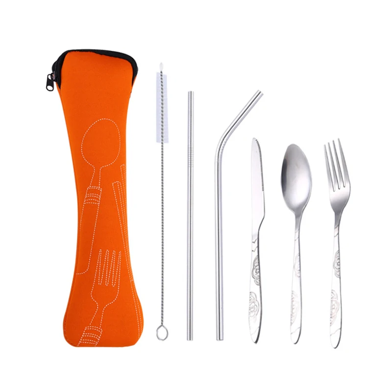 

6PCs/Set Stainless Steel Drinking Knife Fork Spoon Straw Party Supplies Orange Outdoor Travel Portable Camping Tableware 24x6cm