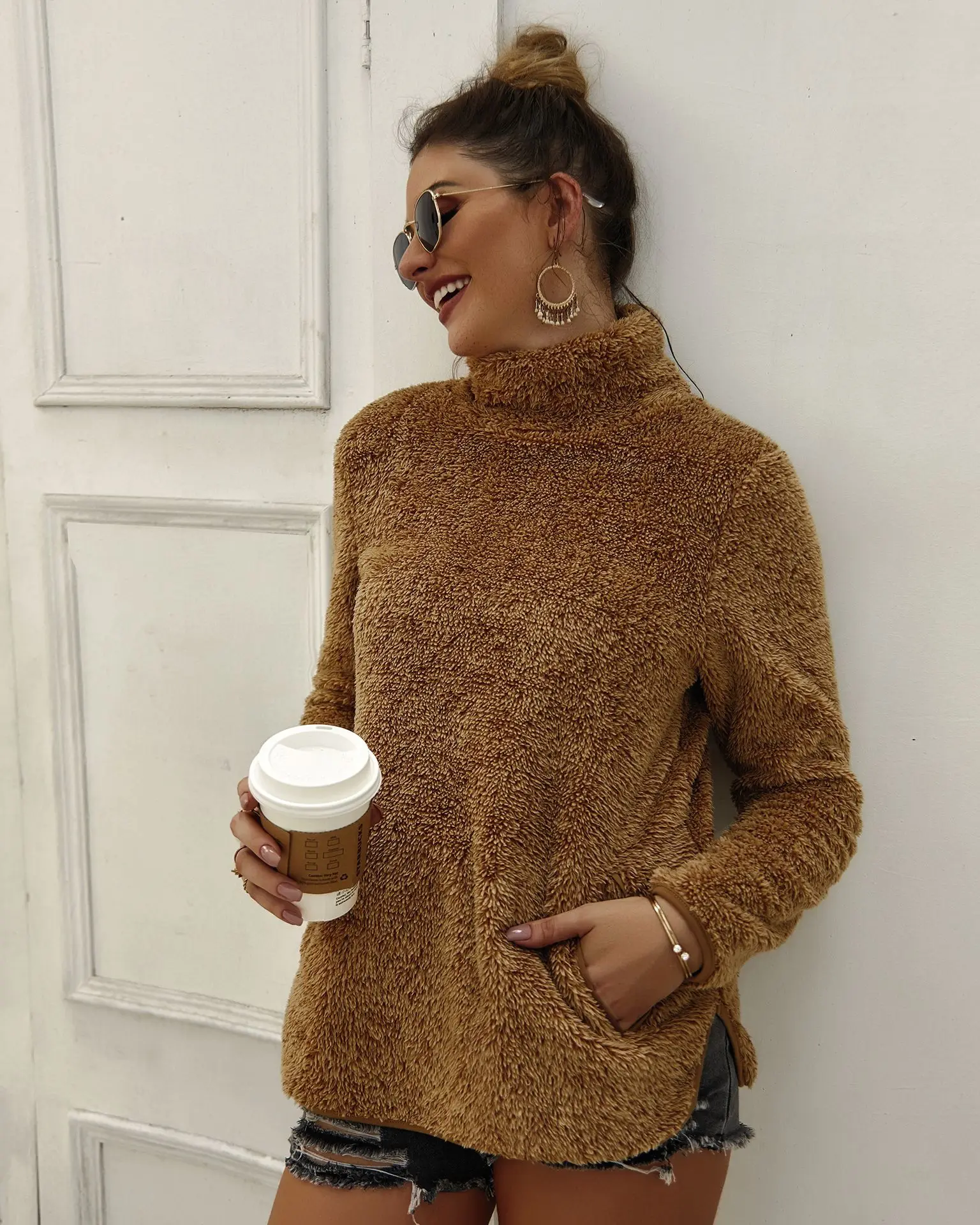 Missufe Sexy Turtleneck Plush Sweatshirts With Pocket Autumn Winter Casual Warm Hoodies Long Sleeve Pullovers Slim Hooded