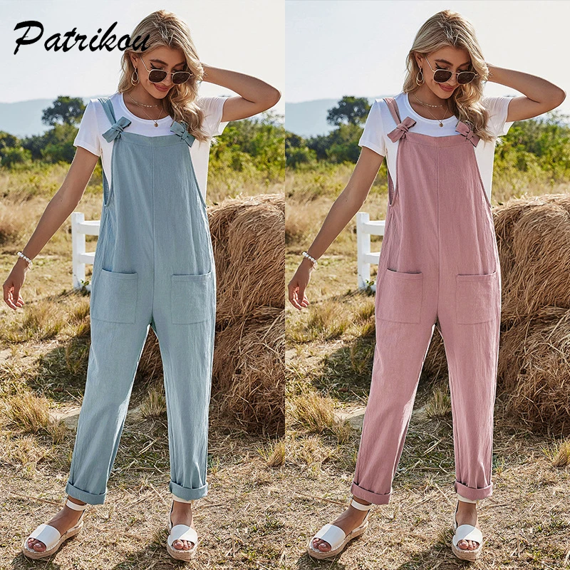 

Spring Women Jumpsuit Bow Cargo Pant Woven High Waist Rompers Pocket Casual Overalls for Female Fashion Cotton Straight Bodysuit