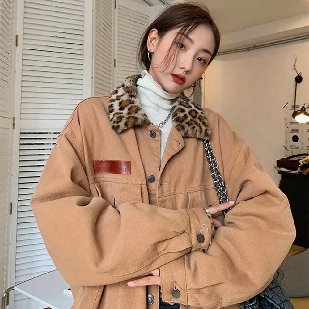 Loose Denim Jacket Stitching Leopard Short Velvet Warm Leather Retro High Street Casual Coat Fashion Clothing Autumn/Winter New