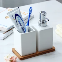 ceramic bathroom accessories with wood tray hand washing liquid bottling with cup wood pad hotel soap dispenser emulsion bottle