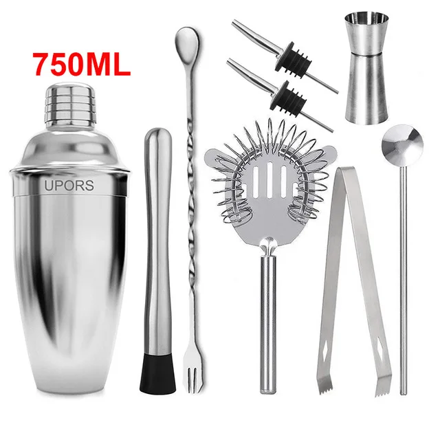 750ML 9PCS UPORS шейкер 550 мл/750 мл нержавеющая сталь Вино мартини Бостонский шейкер Миксер для бара вечерние инструменты бармена барные аксессуары - Цвет: 750ML 9PCS