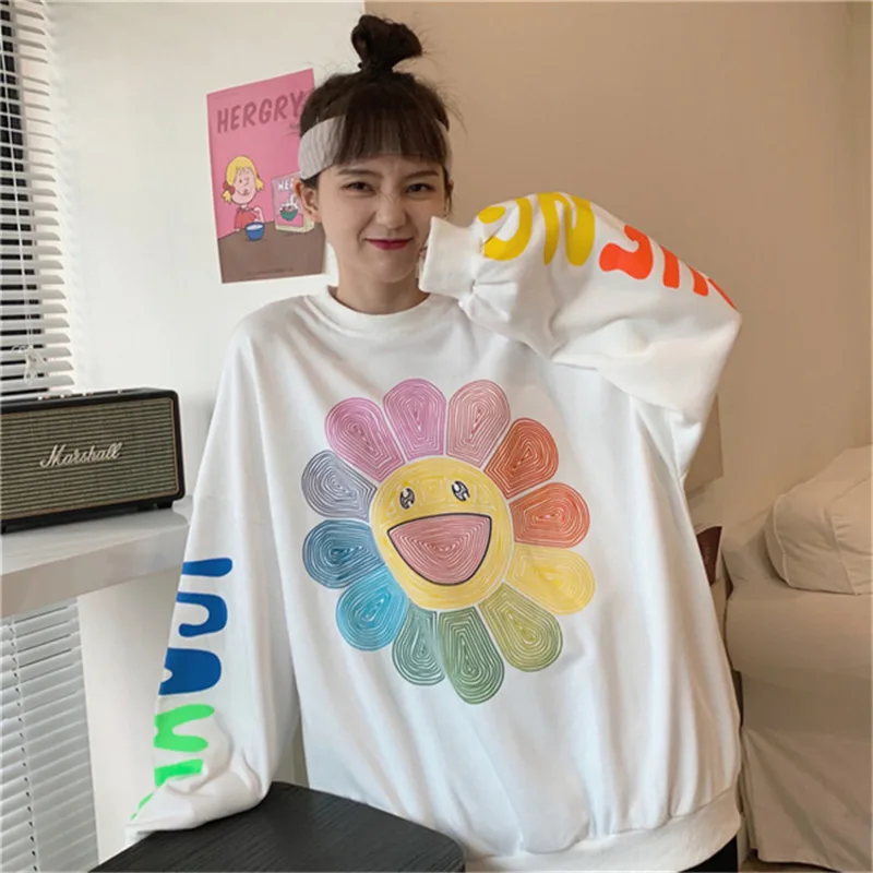 

KpopSweatshirt Loose Long Sleeve Streetwear Hip Hop Print Floral Kawaii Tops Women Y2K 2021 Spring Women's Harajuku Pullover