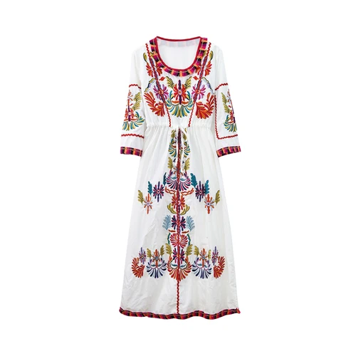 white Винтажное шикарное женское пляжное богемное Платье макси с цветочной вышивкой, женское летнее платье в богемном стиле с v-образным вырезом и поясом vestidos - Цвет: white