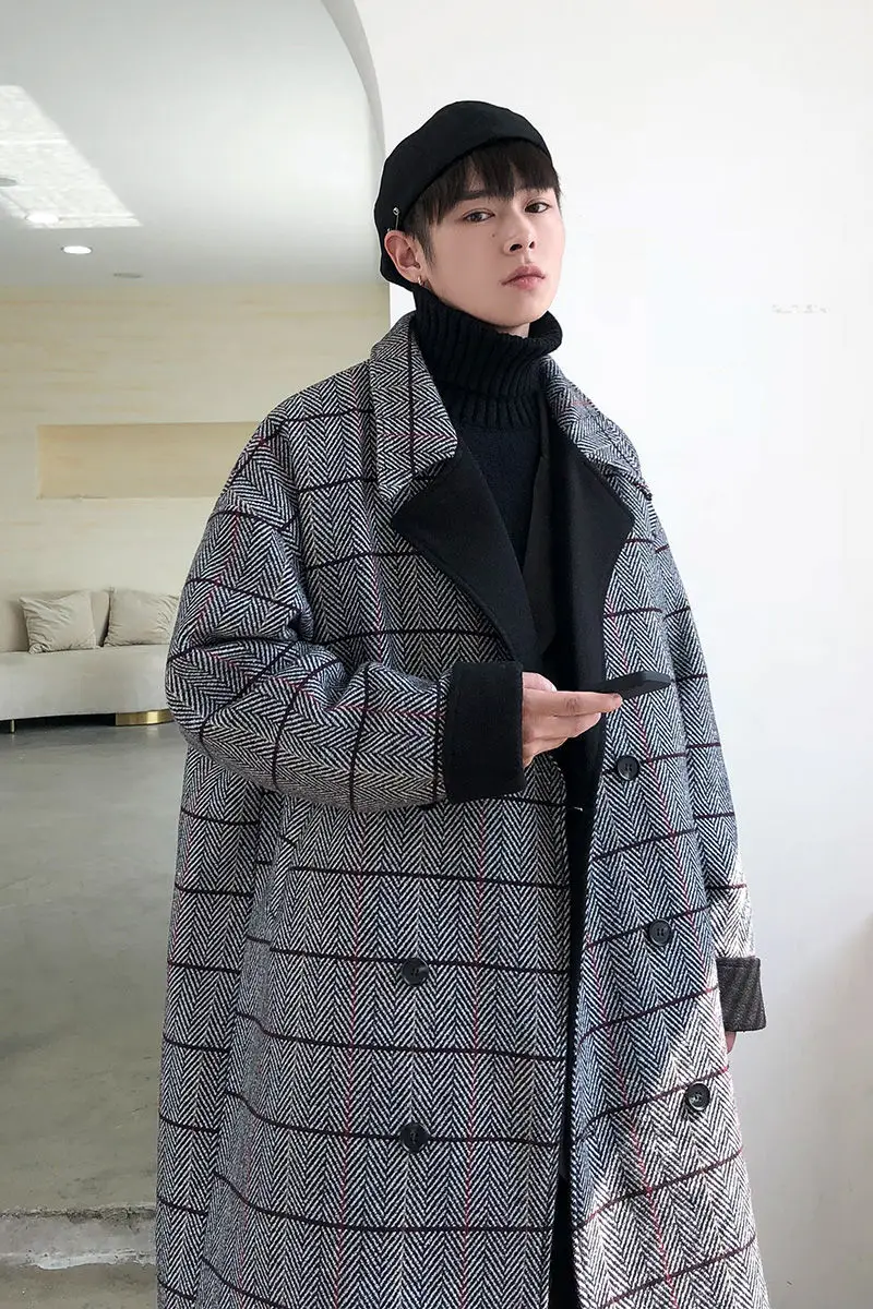 

2020 Winter New listing windbreaker long woolen coat men men's extra loose trend knee lattice gray peacoat Free shipping