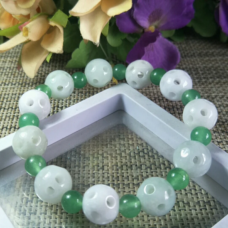 

Natural Burma Jade Hollow Bead Bracelet Jewelry Lucky Exorcise Evil Spirits Safety Auspicious Amulet Jade Bracelet Fine Jewelry