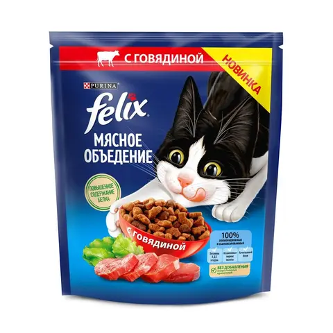 Сухой корм Felix® Мясное объедение для взрослых кошек, с говядиной, Пакет, 600 г - изображение