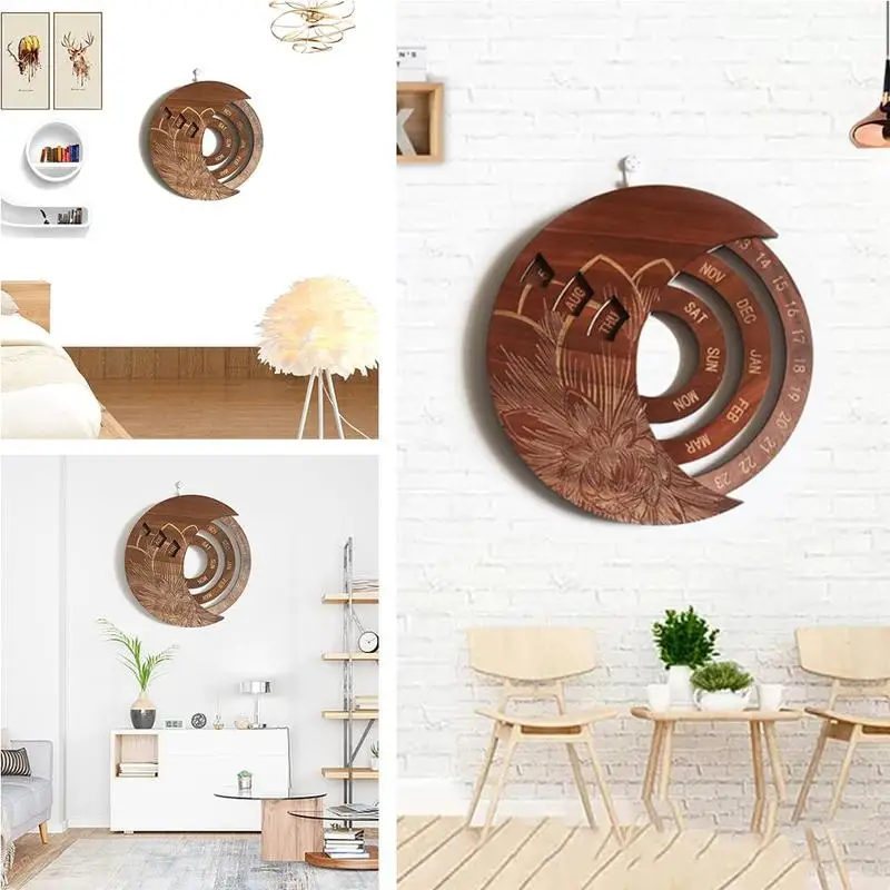 

Black Round Wooden Wall Calendar Hanging Multifunctional Perpetual Craft Flower Pattern Handicraft Decoration 25.4*25.4cm