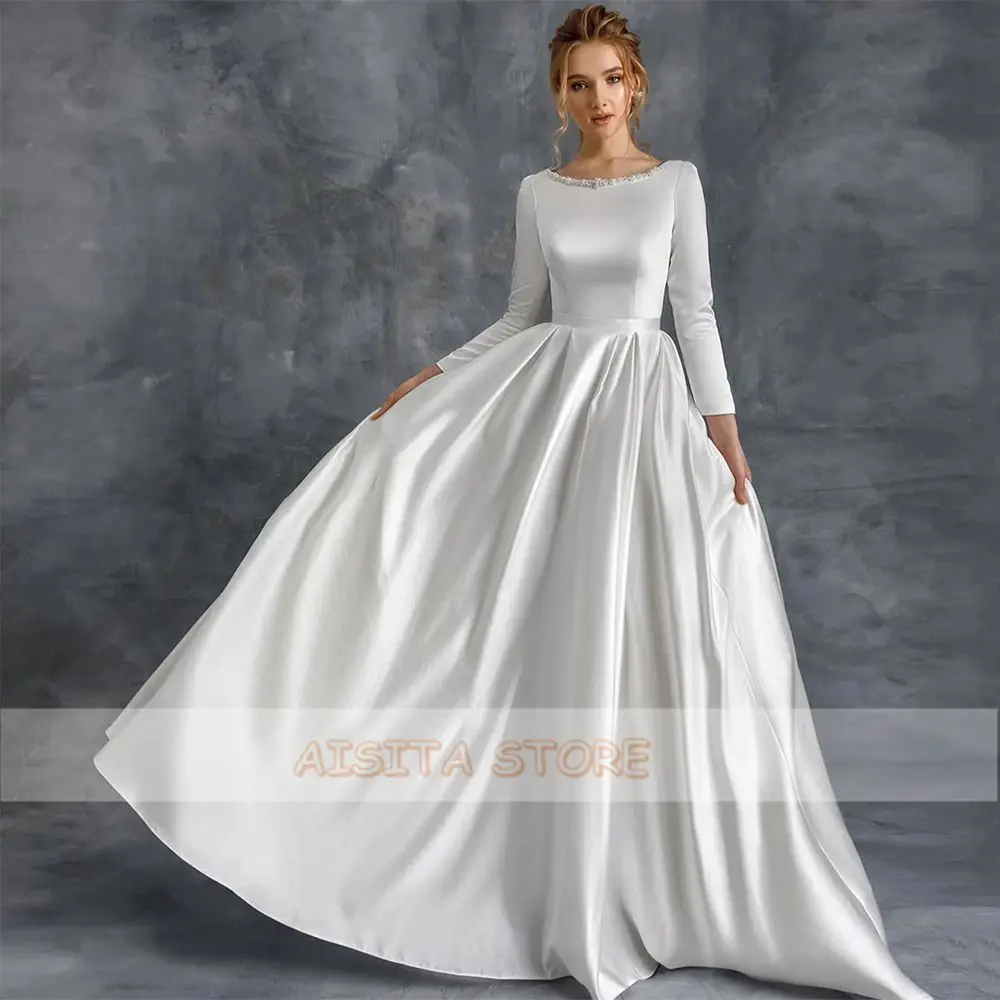 Simple White Weddding Dresses 2021 Classic Beading Scoop Neck Long Sleeve Satin Sweep Train A Line Bridal Gowns Custom Made