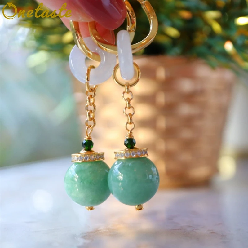 

S925 Silver Gold Plated 13mm Jadeite Bead Drop Earrings White Jade Circle Luxurious Trendy Earring Fine Jewelry Women Party Gift