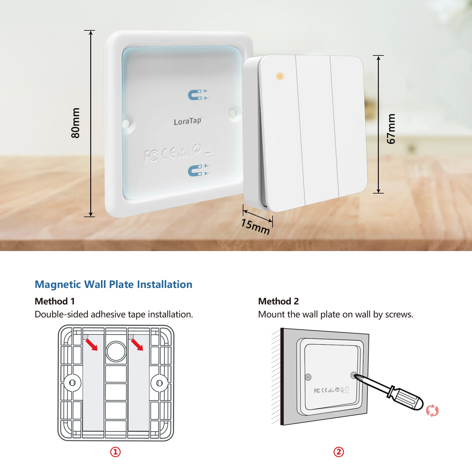 LoraTap 868Mhz Magnetic Smart Light Switch LED Push Button Wireless Remote Control AC100~250V 10A 1 CH Relay Controller for Lamp |