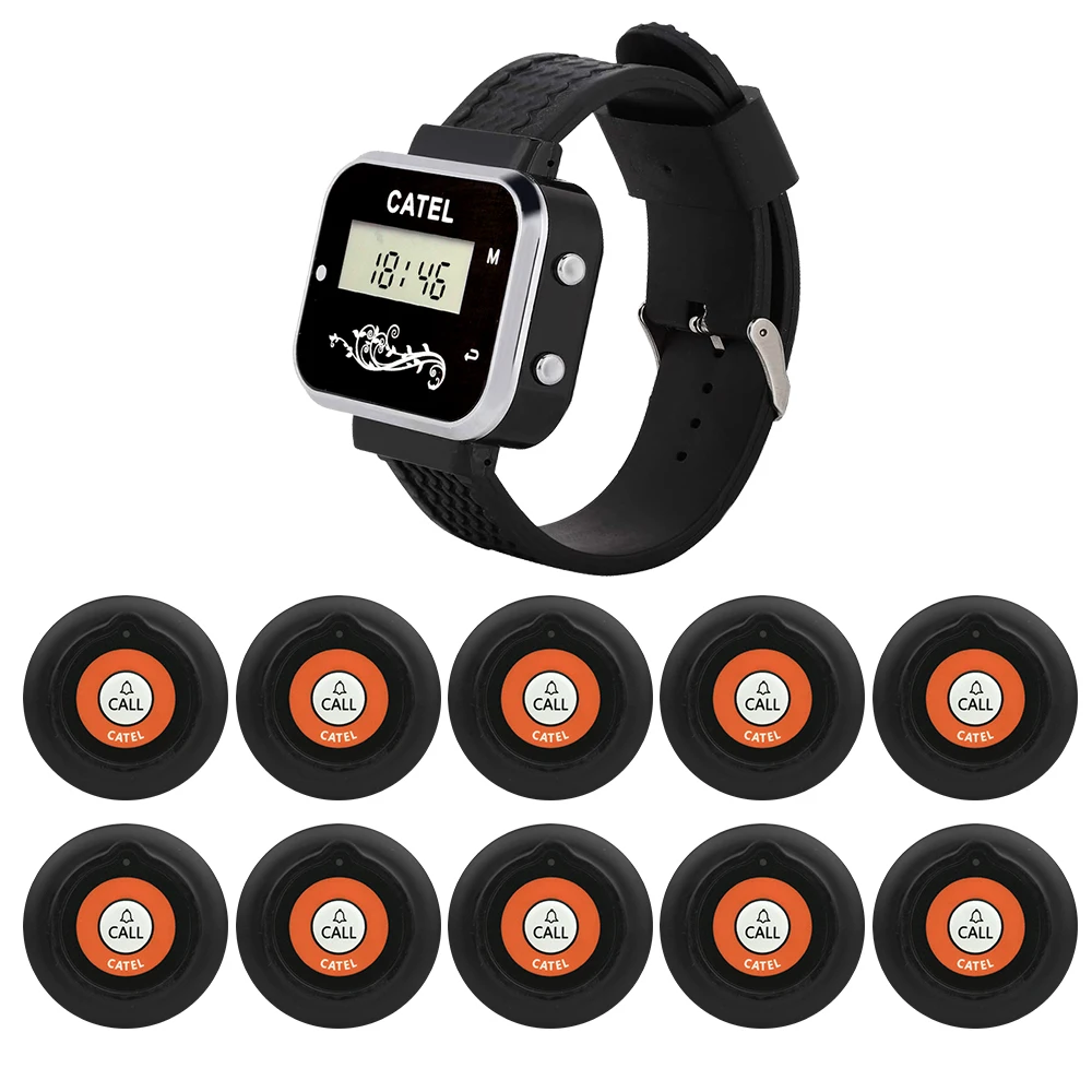 CATEL Wireless 10 Call Button Transmitter 1 Watch Receiver Pager 433.92mhz for Restaurant Cafe Office Calling System Buzzer