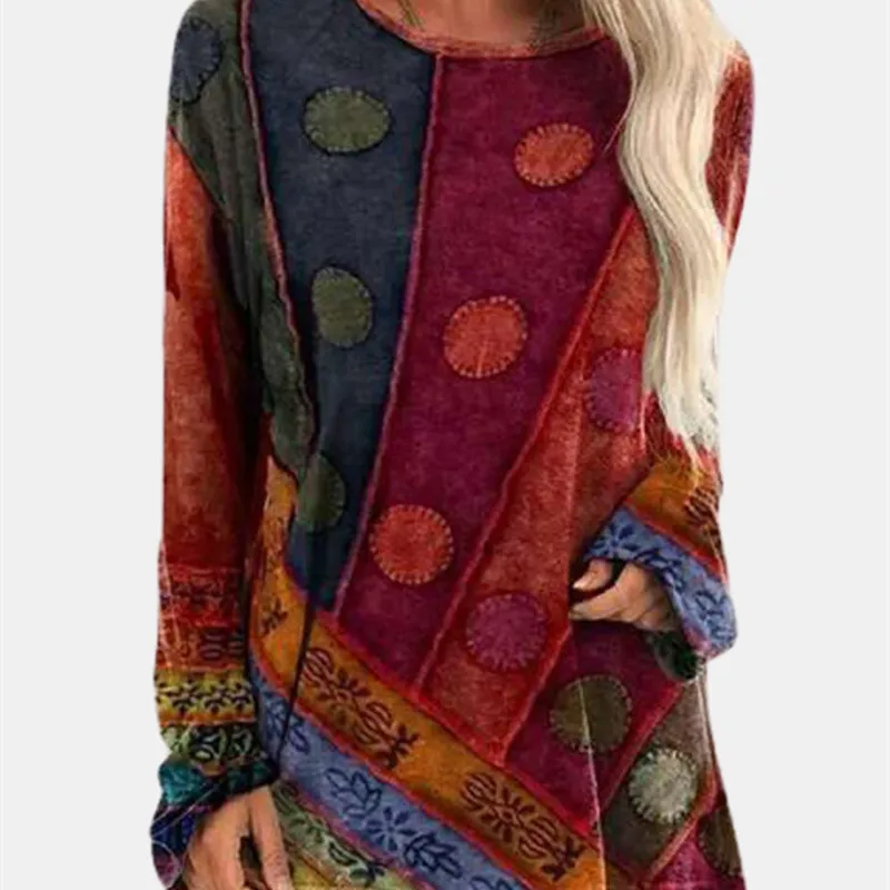 

Vintage Print Long Sleeve O-neck T-shirt Women Autumn Casual Irregular Loose Tops