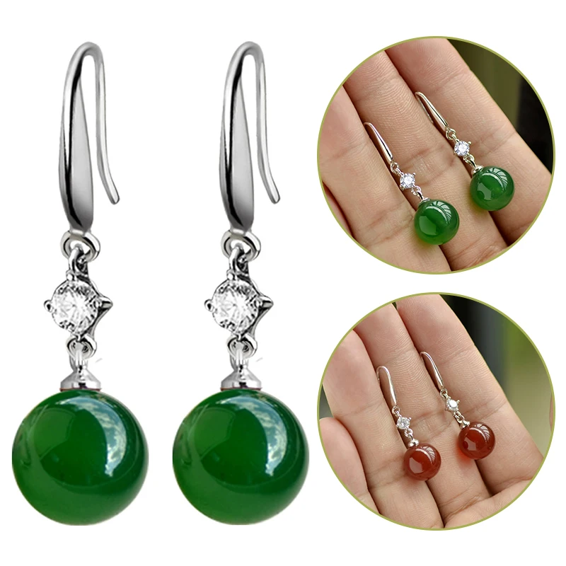 Серьги серебряного цвета Зеленые Круглые Капли Воды натуральный цвет камень