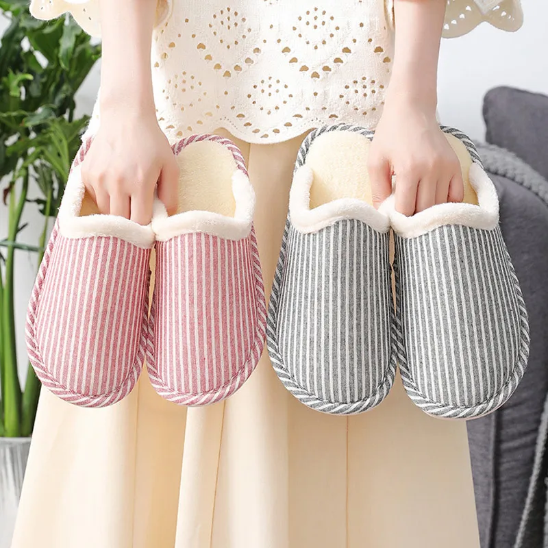 

Women Couple Slippers Female Striped Short Plush House Cotton Slipper Ladies Soft Bedroom Indoor Flats Women's Footwear Autumn