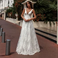 charming sleeveless lace wedding dress 2021 sexy v neck applique a line tulle vestido de novia bridal gowns with beading